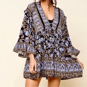 Free People Blue Black Printed Bell Sleeve Boho Romantic Mini Dress Tunic S